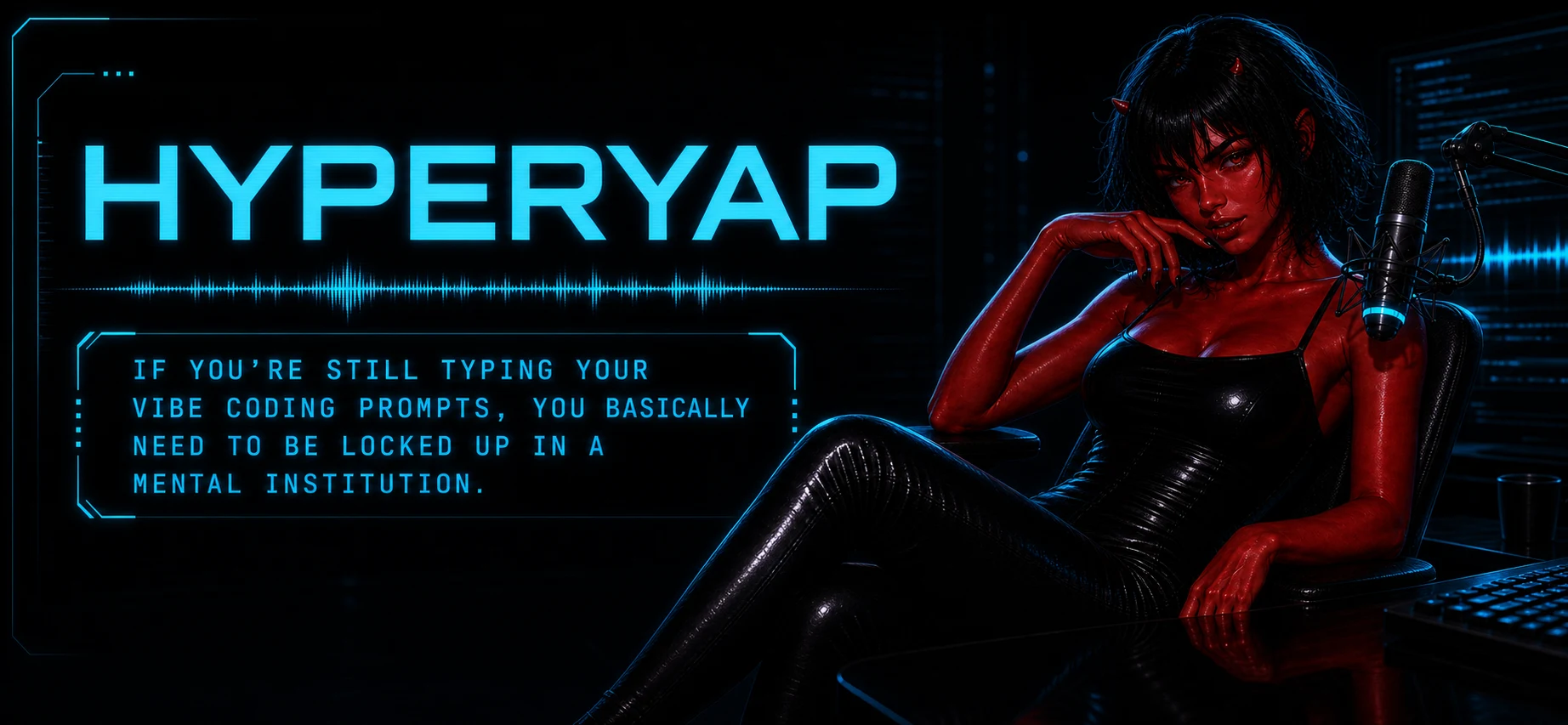 HyperYap ultra-wide banner with red-skinned spokesperson character and voice-first slogan.